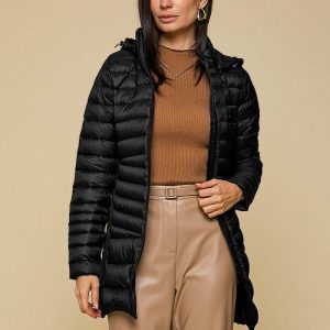 Casaco 7/8 feminino de pluma – pesponto horizontal e diagonal