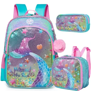 Mochila Escolar de Sereia com Estojo e Lancheira