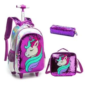 Mochila Trolley Estojo e Lancheira Unicórnio